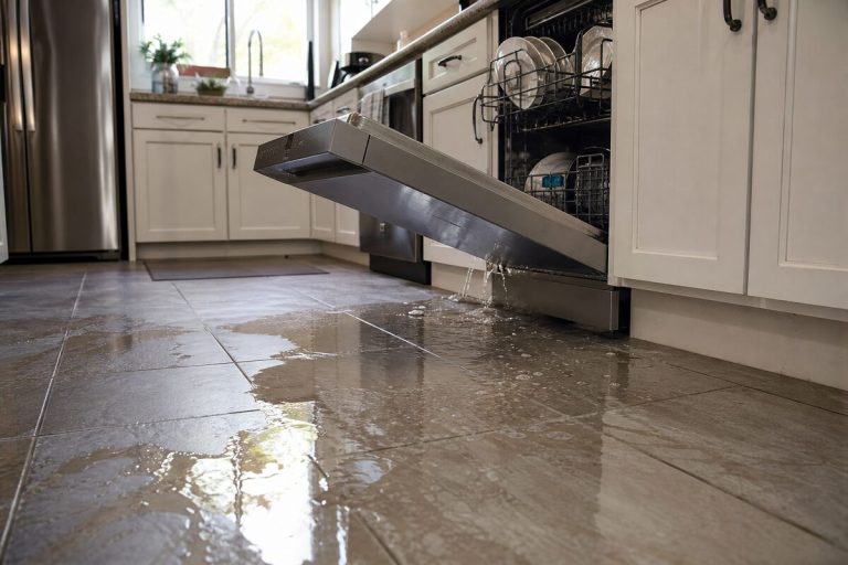 Water leaking from an open dishwasher across a kitchen tile floor