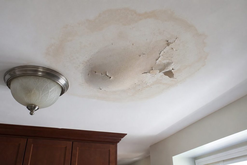 Brown water stain and peeling paint on a Houston home ceiling from a leak above
