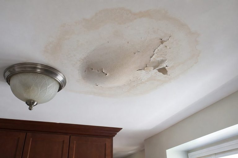 Brown water stain and peeling paint on a home ceiling from a leak above