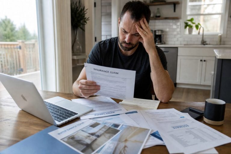 Homeowner reviewing water damage insurance claim paperwork at a kitchen table