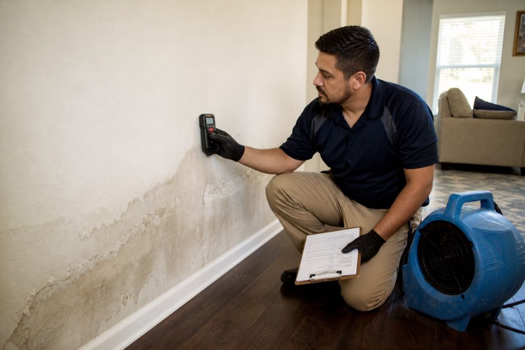 Water damage restoration technician using a moisture meter on a water-stained wall in a Houston home