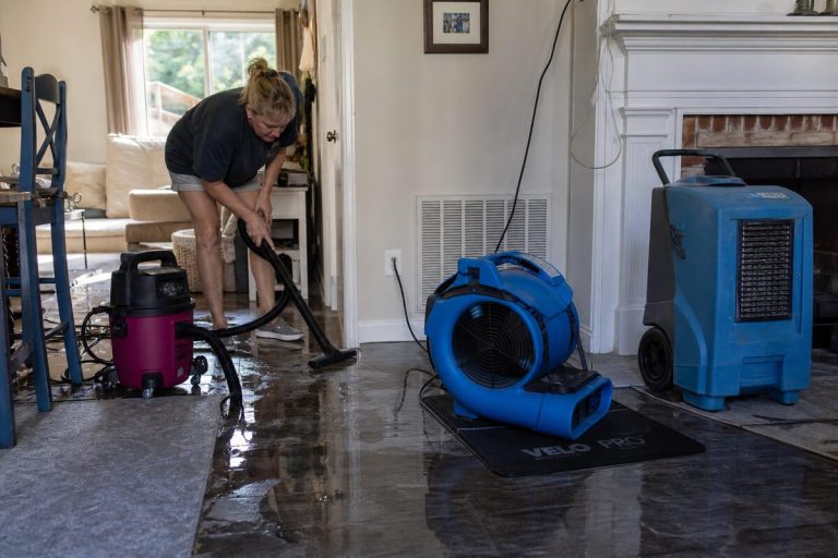 Homeowner with a wet-vac next to professional air movers and a dehumidifier