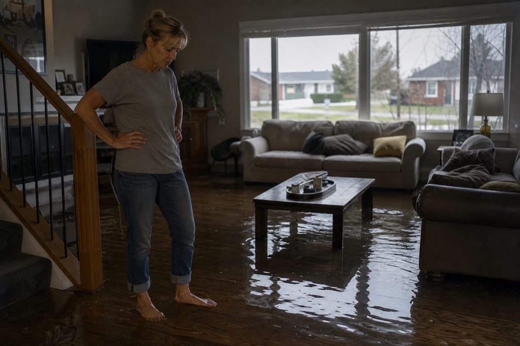 Homeowner looking at standing floodwater covering a living room floor