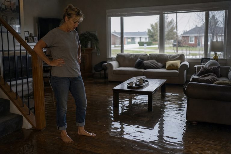 Homeowner looking at standing floodwater covering a living room floor