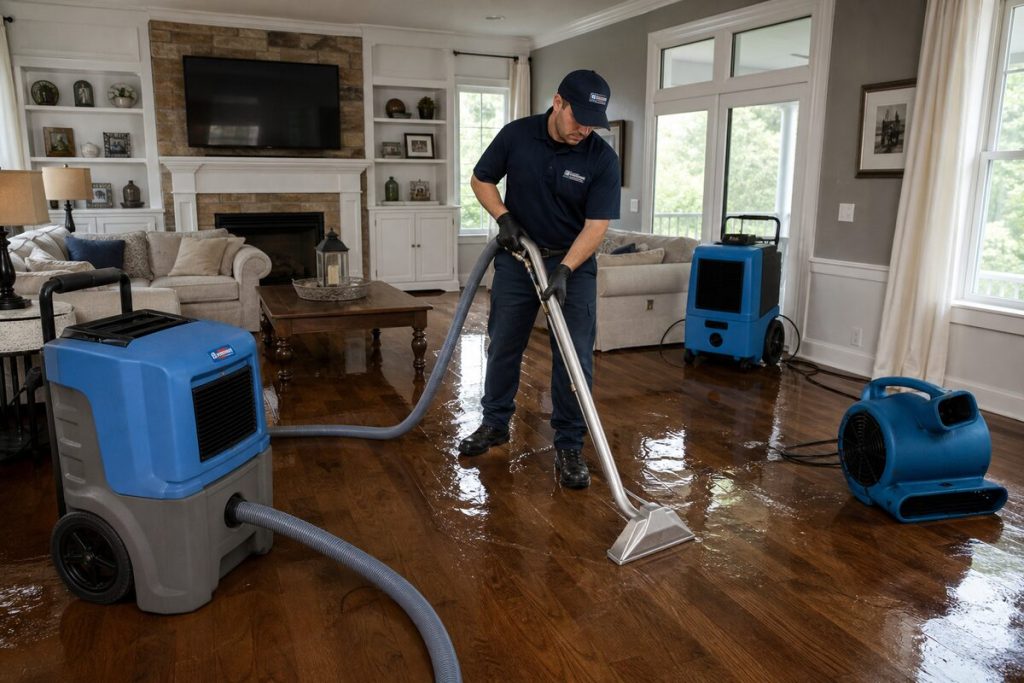 Commercial air movers and dehumidifiers drying a Houston home after water damage