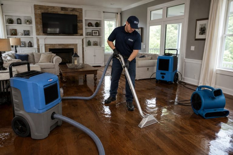 Water damage restoration technician extracting standing water from a flooded Houston living room floor