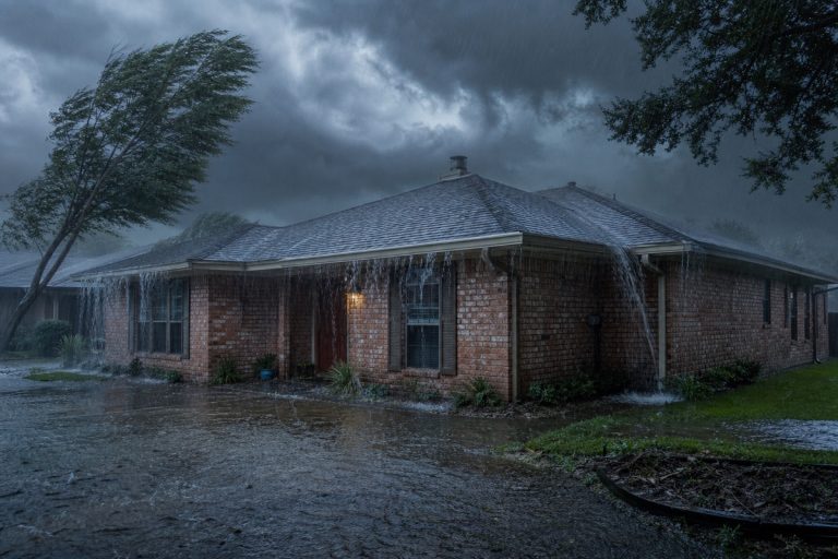 Houston home during heavy hurricane rainfall with water pooling around the foundation