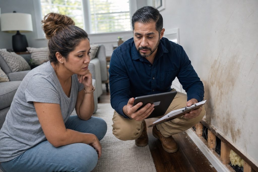 Homeowner and insurance adjuster documenting water damage for a Texas claim