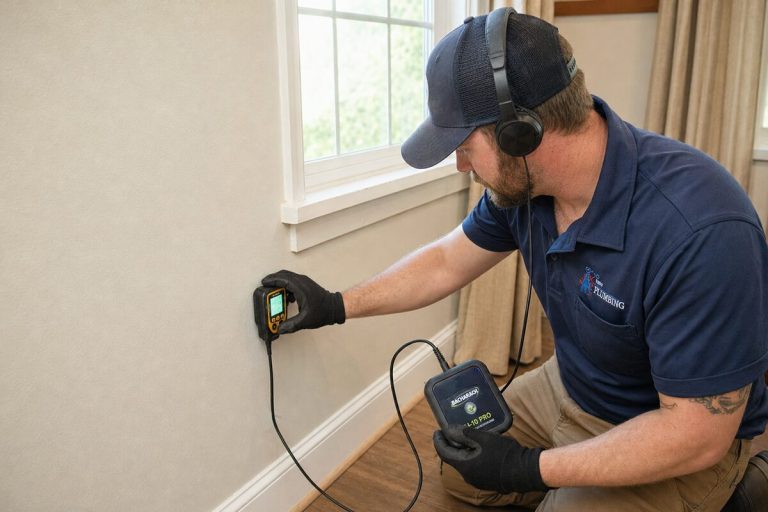 Plumber using electronic leak-detection equipment to find a hidden water leak