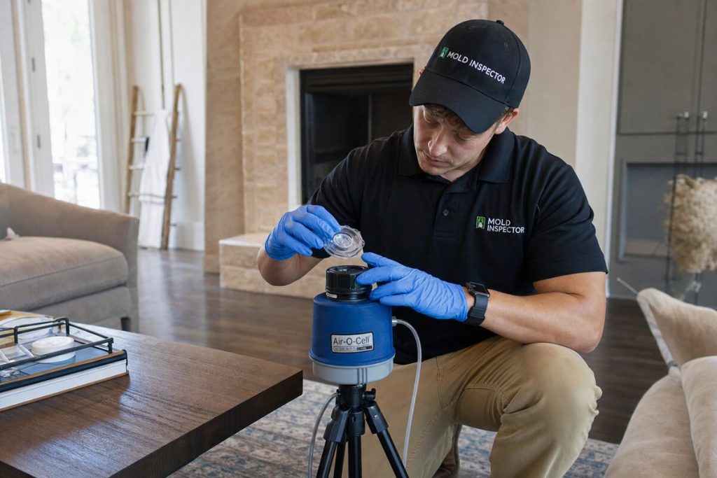 Mold inspector taking an indoor air quality sample in a Houston home