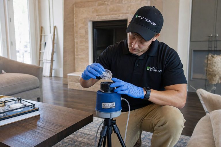 Mold inspector taking an indoor air quality sample in a Houston home