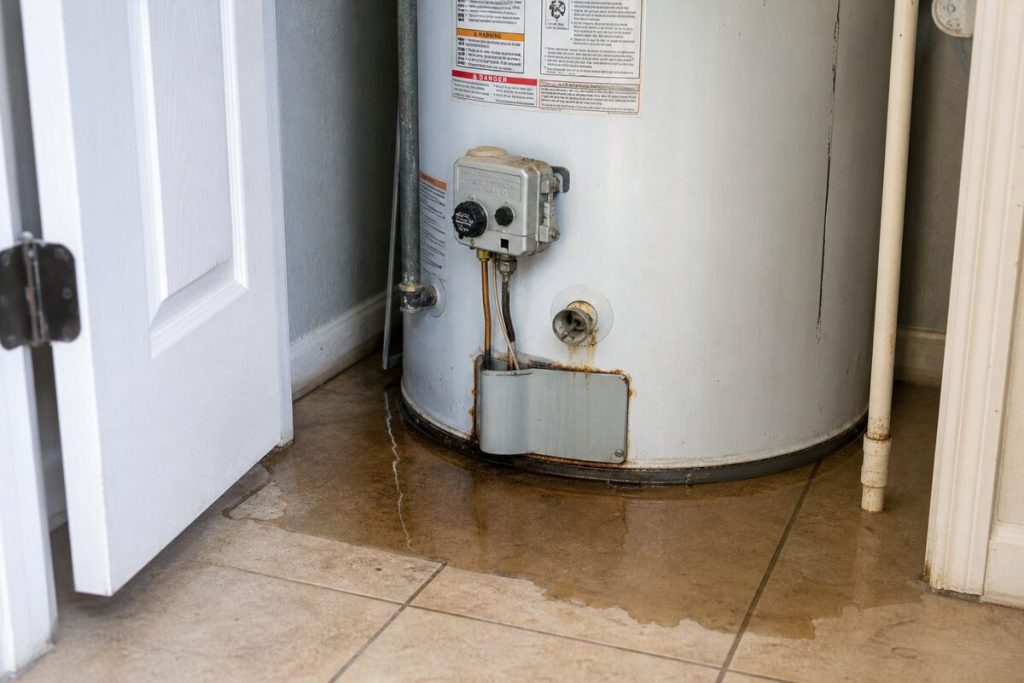 Leaking residential water heater with rust and water pooling on the floor