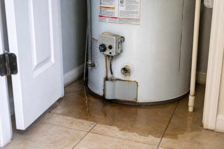 Leaking residential water heater with rust and water pooling on the floor
