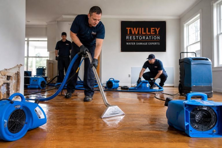 Restoration crew extracting water and running air movers on a wet floor in Houston